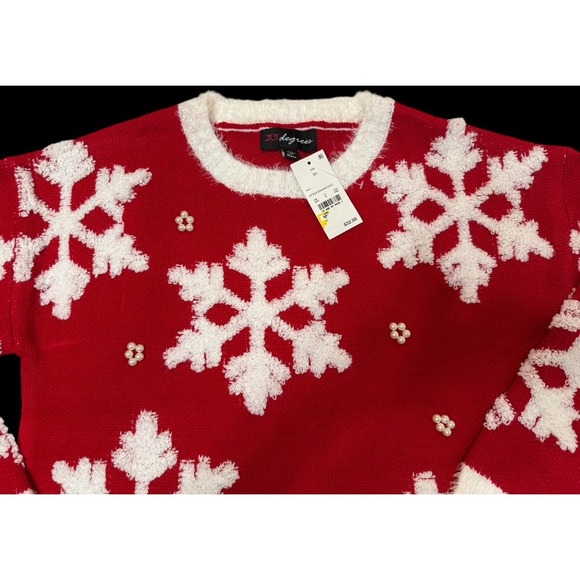 NWT Women's 33 Degrees Red Knit Christmas Sweater White Snowflakes Size XS - Picture 2 of 3
